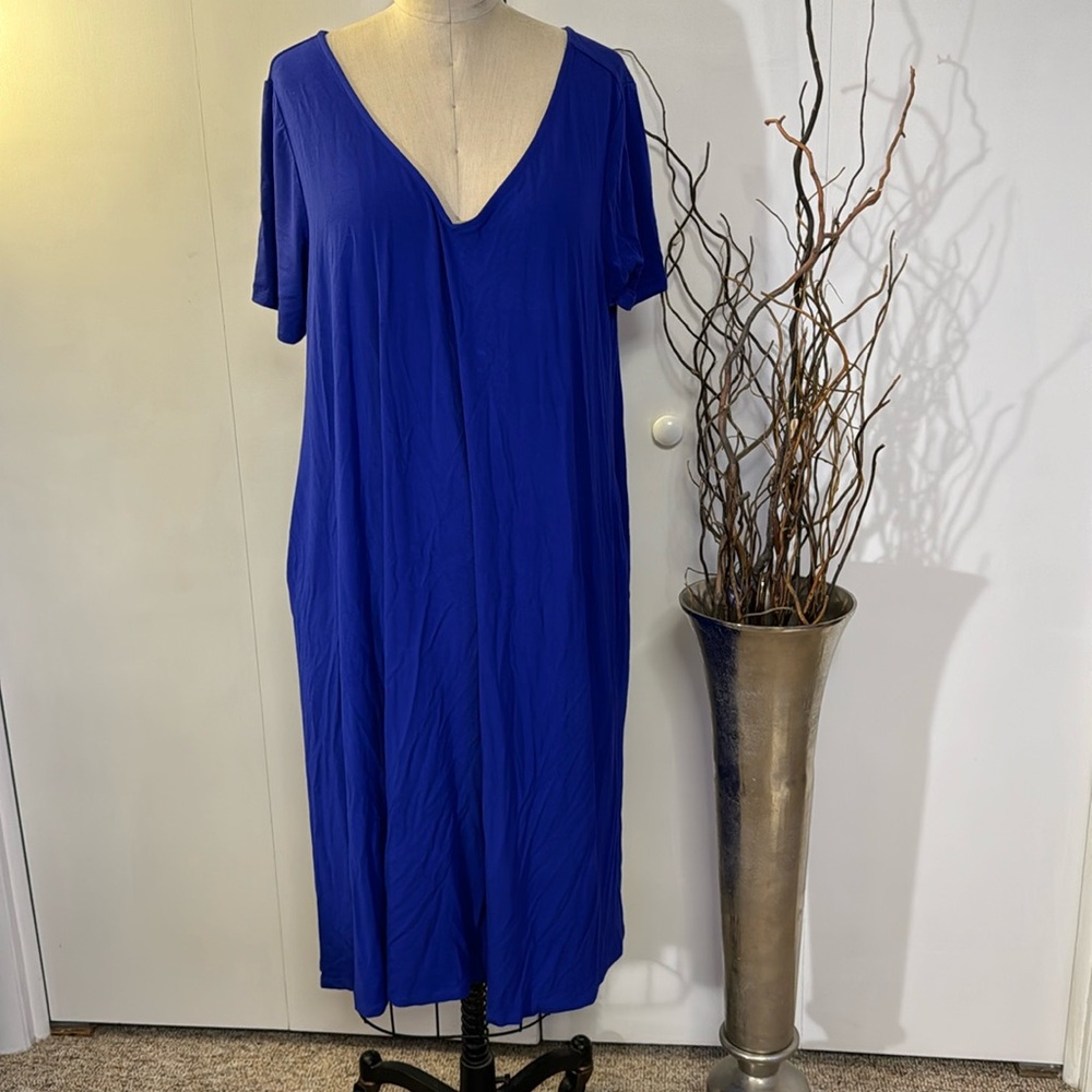 Jessica London royal blue midi short sleeve V-neck dress with pockets